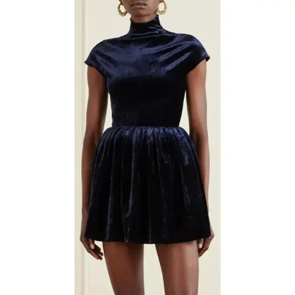 NWT Alaia Turtleneck Velvet Mini Dress Navy Womens FR 36 / US 4 - Picture 3 of 12